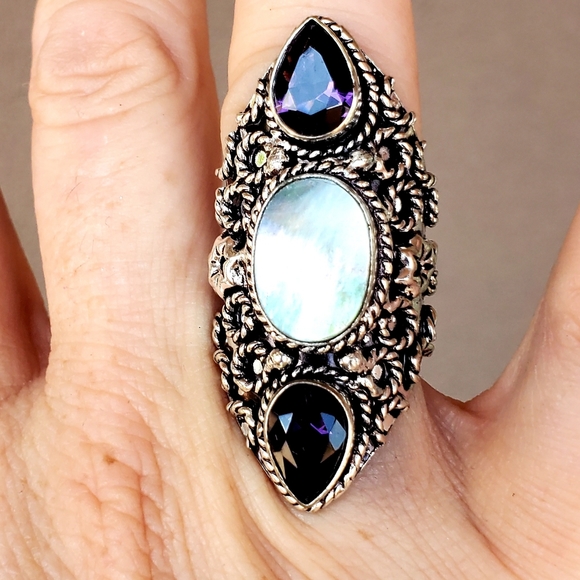 New Abalone Shell & Amethyst 925 Silver Statement Ring. - Picture 11 of 16